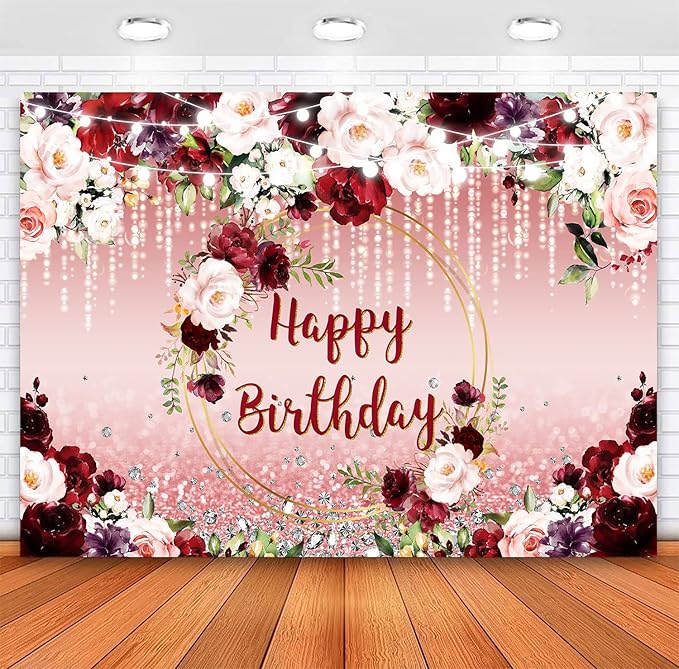 Sensfun Floral Happy Birthday Backdrop Burgundy Flowers Rose Gold Glitter Bokeh Spots Photo Background Vinyl Women Birthday Party Cake Table Decorations Photoshoot Banner (8x6ft)