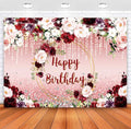 Sensfun Floral Happy Birthday Backdrop Burgundy Flowers Rose Gold Glitter Bokeh Spots Photo Background Vinyl Women Birthday Party Cake Table Decorations Photoshoot Banner (8x6ft)
