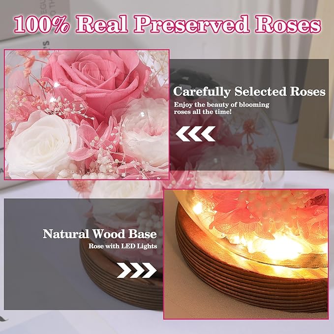 FIACO Valentines Gifts for Her Preserved Flowers in Glass Dome Long-Lasting Eternal Roses Birthday Gifts for Women Mom Grandma Wife Girlfriend Pink Forever Flowers for Delivery Prime