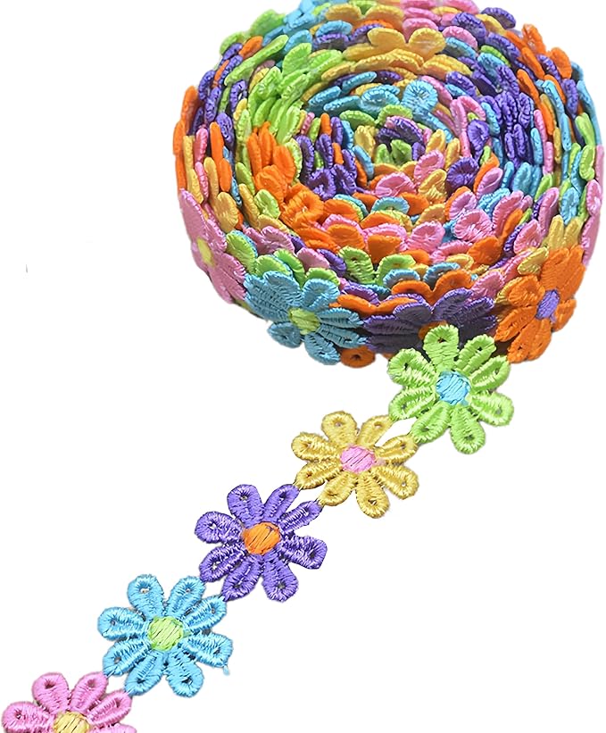 15 Yards Daisy Flower Lace Trim Embroidered Floral Lace Sewing Trim Ribbons for Embellishment Craft Dress Hair Accessories Decorations(Rainbow)