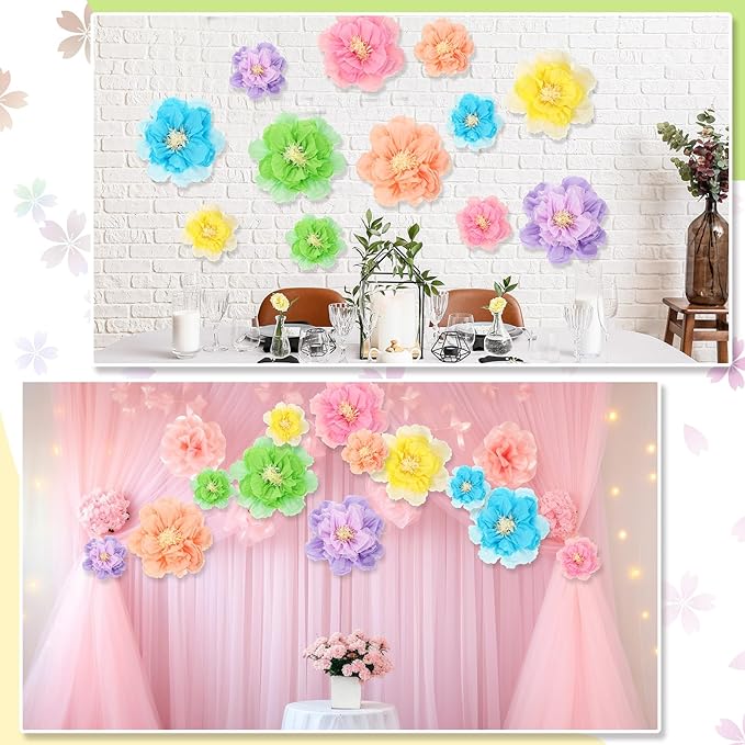 MotiMind 12 Pcs Large Colorful Tissue Paper Flowers 20" 10'' Giant Fiesta Paper Flowers Mexican Pom for Carnival Party Wall Backdrop Decoration Wedding Birthday(Gradient Pastel)