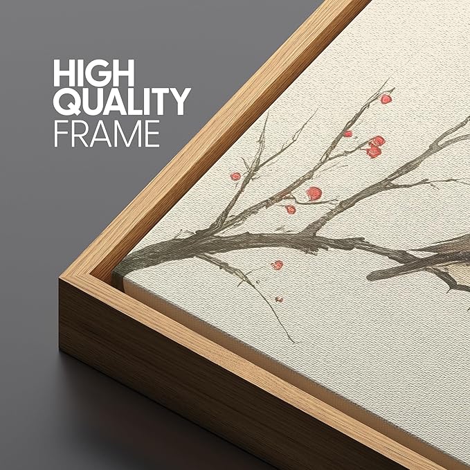 SIGNFORD Large Framed Canvas Print Wall Art Minimalist Birds on Branches with Red Berries Illustrations Modern Art Relax/Calm Warm for Living Room, Bedroom, Office - 60"x20"