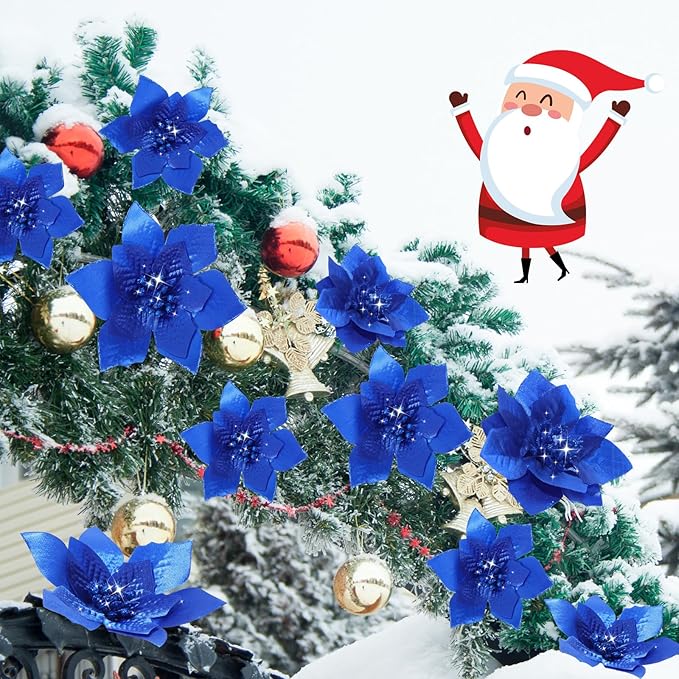 WILLBOND 24 Pcs 3 Size Poinsettia Flower Artificial Christmas Decor Glitter Poinsettia Christmas Ornaments Faux Flowers for Xmas Tree Outdoor(4/6/7.9 Inches,Royal Blue)
