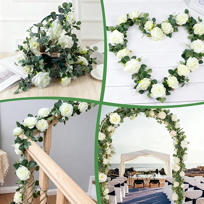 6FT Artificial Eucalyptus Garland with 14 Fake White Rose Flowers - Floral Greenery Decoration Vine for Runner, Backdrop, Arch Wall Decor,Indoor/Outdoor, (1 PCS)