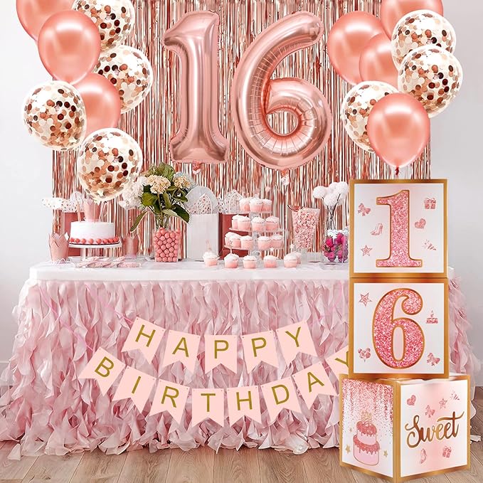 Sweet 16 Party Decorations,16th Birthday Boxes Decor for Girls Women Sweet Sixteen Happy Birthday Banner Kits Pink Rose Gold Foil Balloons Party Supplies Rose Gold Tassel Curtain