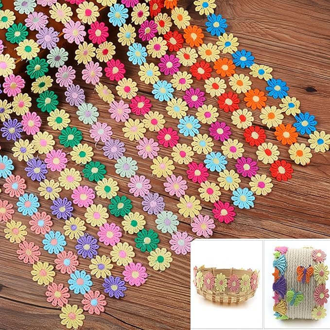 15 Yards Daisy Flower Lace Trim Embroidered Floral Lace Sewing Trim Ribbons for Embellishment Craft Dress Hair Accessories Decorations (Pink+Lavender+Light Green, 1" x 15 Yards)