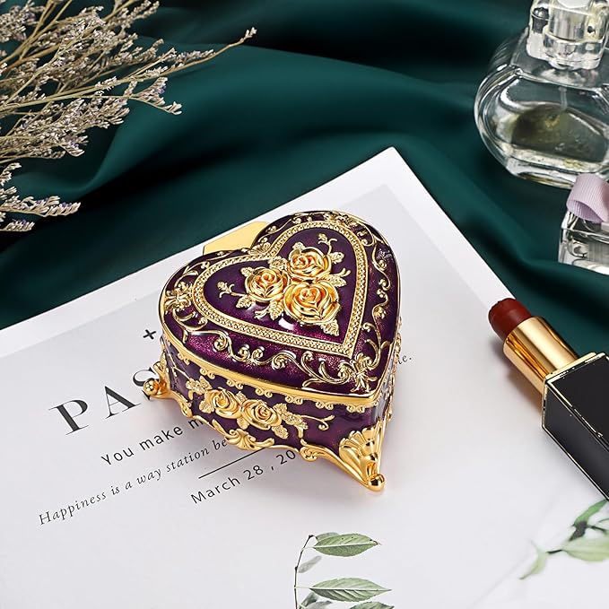 Hipiwe Decorative Jewelry Box Purple Vintage Jewelry Storage Case with Rose Pattern Heart Shaped Treasure Chest Box for Earrings Ring Necklace Keepsake Organizer