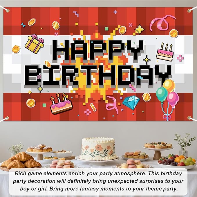 Pixel Happy Birthday Backdrop, 150x90cm/4.92x2.95ft Video Game Themed Banner Party Decoration Pixel Birthday Backdrop for Boys Girls Party Supply