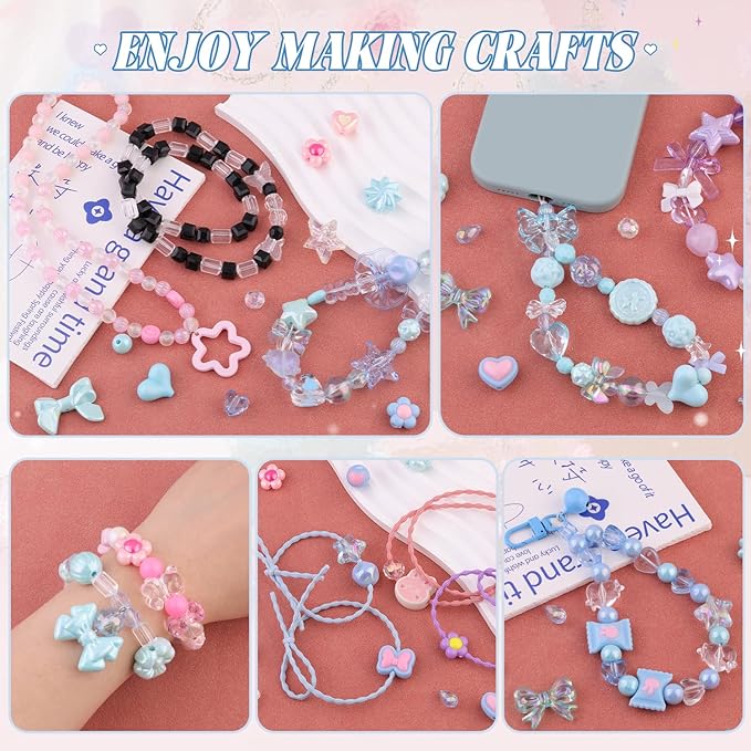 Assorted Acrylic Beads, 200-260PCS Blue Cute Beads for Bracelet Making, GummyBear Bow Flower Candy Kawaii Charms for Jewelry Making DIY Necklace Keychain Phone Charm Christmas Gift