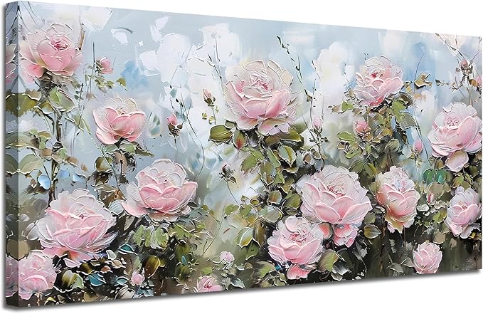 Ardemy Flower Wall Art Canvas Art Wall Decor, Floral Painting Textured Picture Living Room, Pink Rose Artwork Framed for Bedroom Kitchen Dining Room Home Office Decor Extra Large 58"x29"