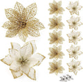 ilauke 24Pcs Gold Poinsettias Artificial Christmas Flowers, 6" Glitter Artificial Christmas Flowers with 30 Clips, for Xmas Tree Decorations Wedding Party Fireplace Stairs Decor