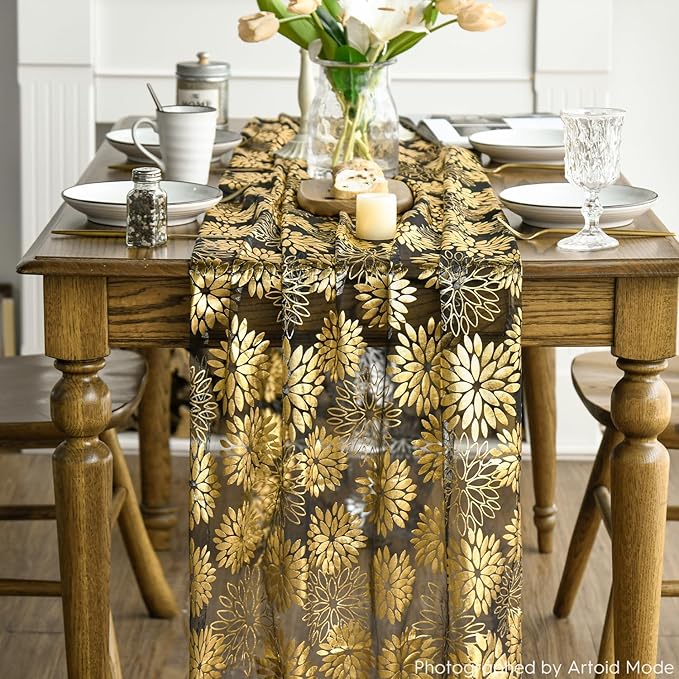 Artoid Mode Black Gold Dahlia Flower Gauze Table Runner 120 Inch 10FT, Glitter Metallic Foil Seasonal Sheer Dining Holiday Table Decor for Home Party