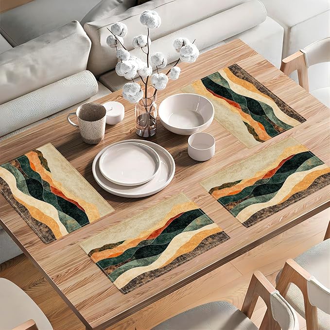 Southwestern Placemats Set of 6, Colorful Art Place Mats, Rustic Mountain Painting Dining Table Mats, Washable Abstract Modern Placemats for Kitchen Dining Room 18L'' × 12W''