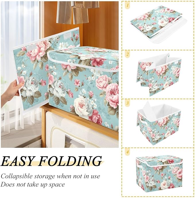 susiyo Cute Floral Pattern Storage Bins with Lids and Carrying Handle Foldable Storage Boxes Organizer Containers Baskets Cube Shelf organizers for Clothes Toys Office