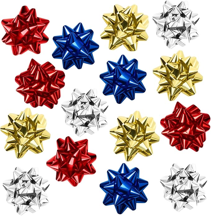 15 Pcs Gift Bows Assortment, Decor for Christmas, Birthdays, Weddings, Holiday Embellishments, Presents, Wrapping Paper, Anniversaries, Baby Showers, Bridal Showers, Hanukkah (Red+Gold+Silver+Blue)