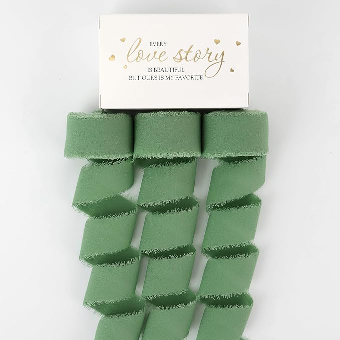 MEEDEE Sage Chiffon Ribbon 1 Inch Green Frayed Ribbons Sage Green Chiffon Silk Light Green Ribbon Thin Chiffon Ribbons for Crafts, Gift Wrapping, Wedding Invitation (3 Rolls 21 Yards)