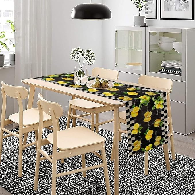 Lemon Table Runner , Summer Yellow Fruits Green Leaves Kitchen Dinning Table Decoration for Indoor Outdoor Home Party Decor 13x90 Inch