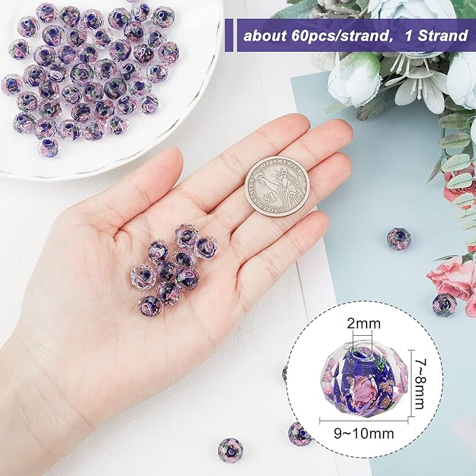 PH PandaHall 60pcs 8~10mm Midnight Blue Rose Lampwork Beads Gold Sand Glass Beads 2mm Hole Flower Glass Beads Floral Handmade Lampwork Beads Round Loose Beads for Rosary Making Jewelry Craft Making
