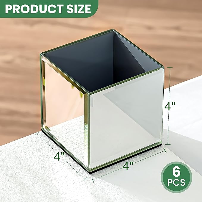 Set of 6 Mirrored Square Glass Vases 4" x4" x4", Silver Flower Vases for Centerpieces, Square Glass Cube Vase Candle Holder for Wedding, Party, Home Office Decoration