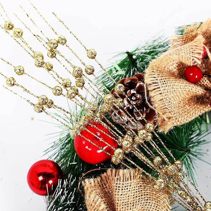 Geosar 30 Pcs Christmas Artificial Glitter Berry Stem Decorations 17 Inch Faux Stick Floral Pick Centerpiece Bouquet Flower Bead Twigs for Centerpiece Tree Wreath Xmas Ornaments Home(Gold)