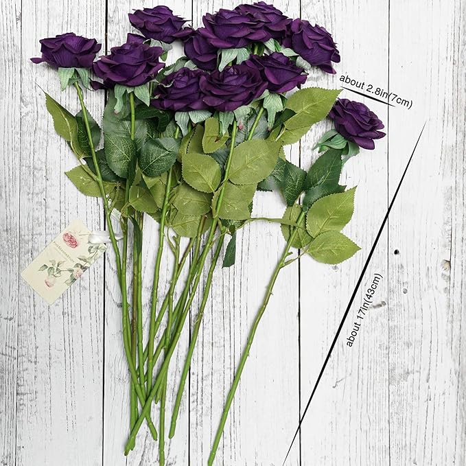 FiveSeasonStuff 12 Stems Artificial Flowers Real Touch Silk Roses for Wedding Decoration Bridal Bouquets Table Centerpieces Party Shower, Packed in Box (Mysterious Purple)