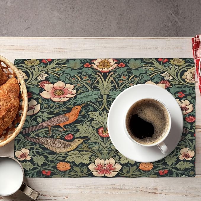 William Morris Placemats, Vintage Rustic Natural Green Plant Flower Strawberry Birdie Print Washable Fabric Placemats Table Kitchen Dining Party 12x18 Inch Set of 6