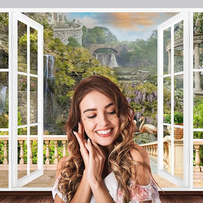 Window Scenery Backdrop White Windowsill Floral Garden Green Forest Natural Rock Stone Photography Background Garden Style Family Union Party Banner Wall Decor Photo Shoot Booth Props 15x8ft