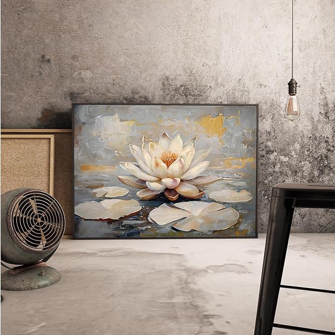 Ethereal white lotus floating on Crystal Waters poster vintage oil painting printwall art soft blush and gold accents serene home and office decor dreamy 16x24in Metal blackFramed