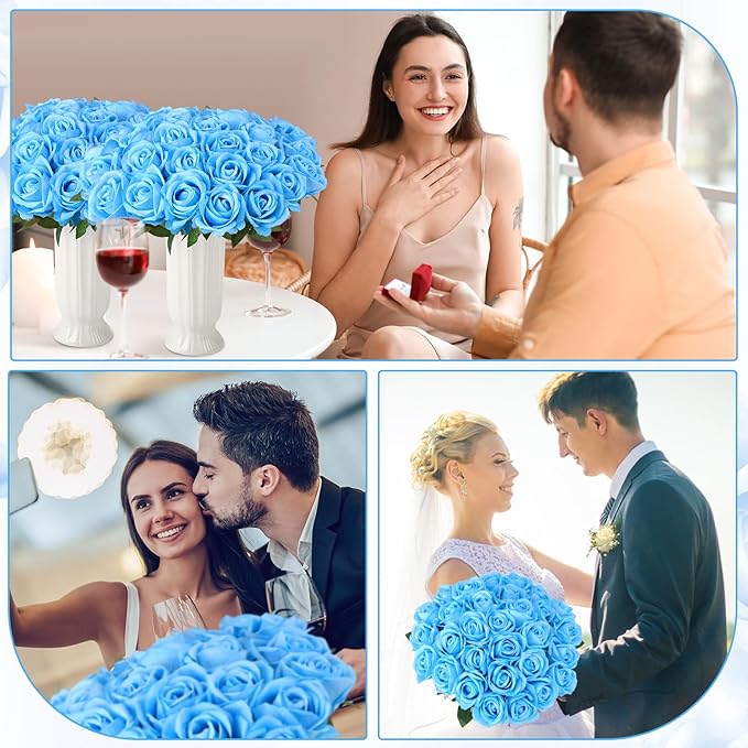 80 Pcs Roses Artificial Flowers, Silk Sky Blue Artificial Flowers Petals Long Stem Roses for Wedding Bouquet Home Party Decor