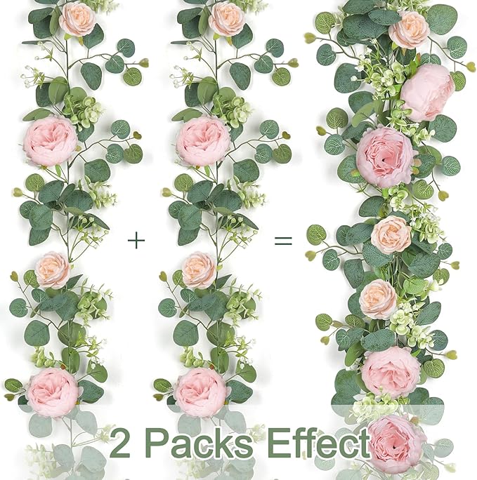 SOMYTING 2 Pack 13FT Flower Garland, Artificial Rose Vine Fake Flower Garland Silk Rose Peony Hanging Vine Faux Floral Garlands for Wedding Party Arch Table Wall Backdrop Decoration (Light Pink, 2PCS)