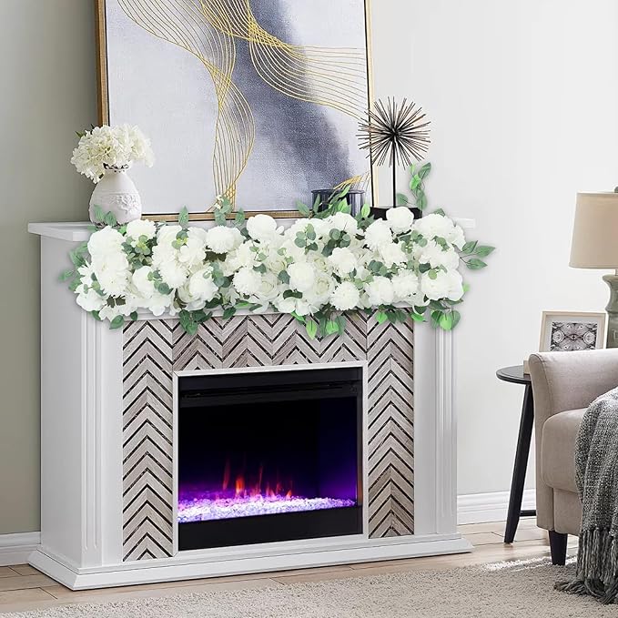 Eapmic Artificial Flower Row, 39.37in Peony Hydrangea Floral Arrangement, Faux Flower Panel Table Centerpiece for Wedding Arch Wall Backdrop Ceremony Reception Home Party Decoration (White)