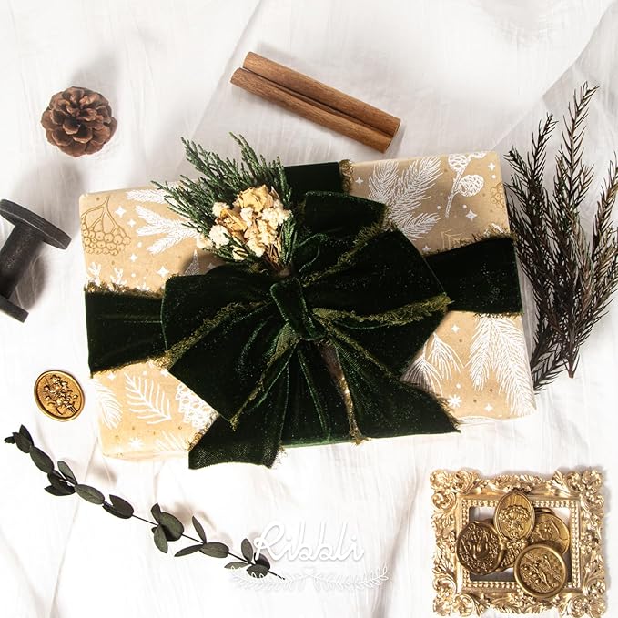 Ribbli Dark Moss Velvet Ribbon 2 Inch Handmade Frayed Vintage Christmas Ribbon for Gift Wrapping Christmas Tree Ornament Wreath Craft Home Decor -3 Yards