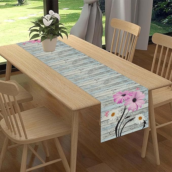 Farmhouse Table Runner, Abstract Daisy Flower Rustic Old Wood Farmhouse Print Table Runner for Home Indoor Outdoor Party Wedding Decor 13x36 inch