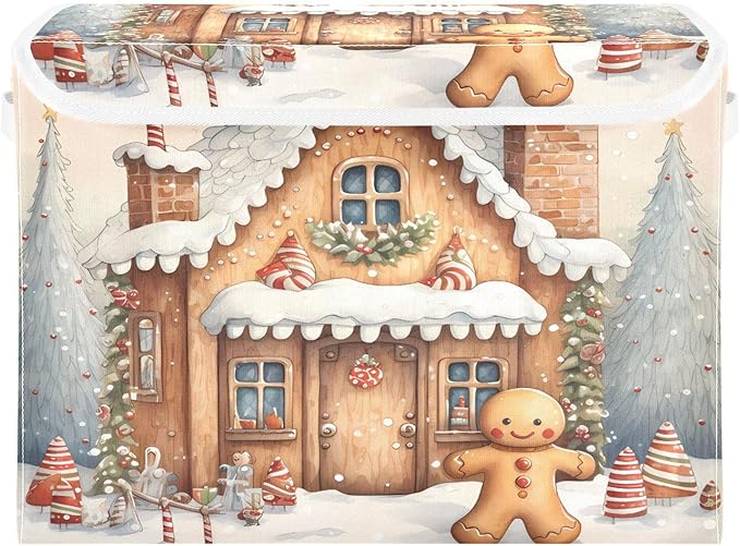 senya Christmas Baskets Collapsible Storage Bins with Lids, Christmas Snow Gingerbread Man Storage Boxes Clothes Baskets for Organizing, B06D22020