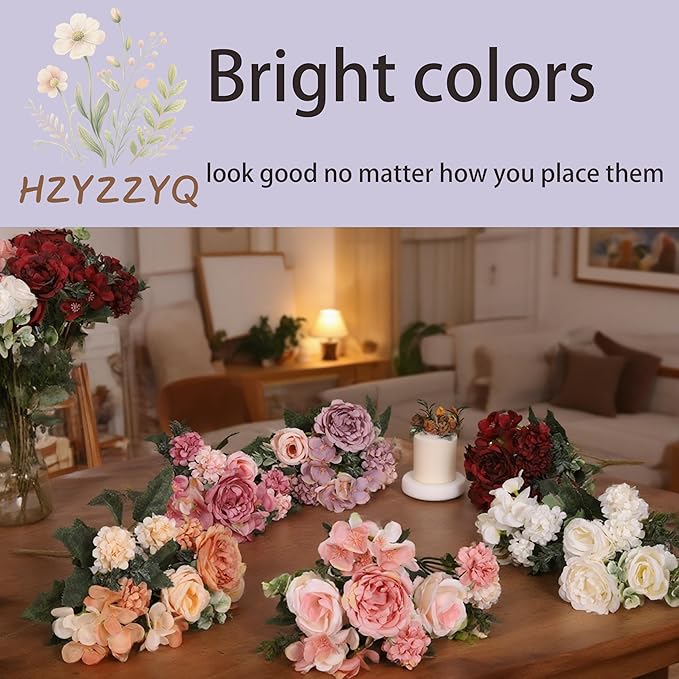 8 Pack Artificial Peony Flowers, Silk Peonies Flowers Fake Peonies Artificial Flowers Peonies Hydrangea Bouquet for Centerpiece Table Wedding Party Home Decor (8, Pink + White)