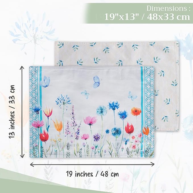 Maison d' Hermine Placemats Set of 4 100% Cotton Washable Cloth Place Mats, Reusable Table Mats for Kitchen Dining Decoration, Party, Restaurant Spring/Summer (Happy Florals - High Summer, 13" x 19")
