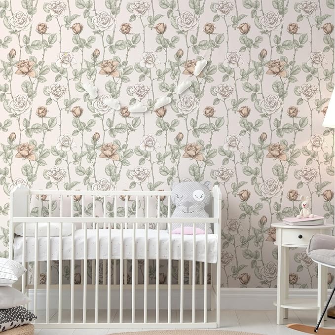 VaryStyle Vintage Beige Floral Wallpaper Elegant Rose Branches Flower Peel and Stick Wallpaper for Bedroom Bathroom 17.7"x118" Self Adhesive Waterproof Vinyl Beige Contact Paper for Cabinets Drawers