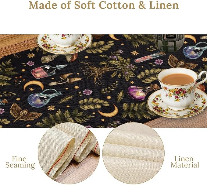 Vintage Mystical Witch Table Runner, Magic Poison Vials Rustic Forest Plants Wild Mushroom Moth Print Table Runner for Kitchen Dining Home Decor Wreath Party Decoration, 13x90inch