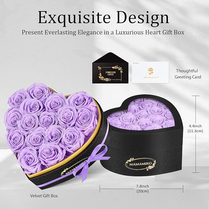 16 Preserved Roses in Heart Shape Gift Box for Her - Forever Flowers for Delivery, Eternal Rose Mothers Gifts for Mom, Wife Anniversary Birthday Gifts for Women, Purple