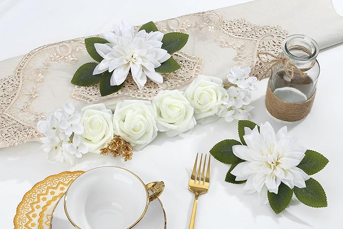 SITUMEIZI Roses Artificial Flowers Combo White Flowers Silk Foam Flowers with Stems for DIY Bridal Wedding Bouquet Baby Shower Party Home Decor Floral Arrangements 26pcs
