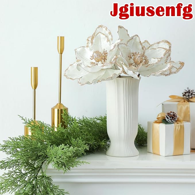 8 Pcs Large Christmas Flower Magnolia Flowers Christmas Tree Decoration Artificial Poinsettia Stems Velvet Xmas Ornaments for Xmas Tree Table Decor(White,12 Inch)