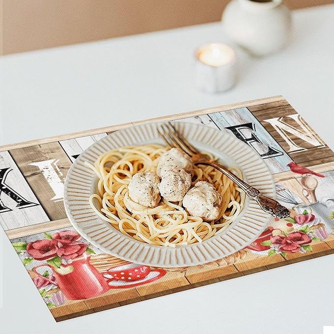 Farmhouse Vintage Kitchen Placemats Rustic Wood Plank Barn Door Retro Strawberry Utensils Knives and Forks Placemats Table Dining Party 12x18 Inch Set of 6