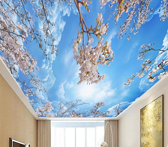 Eierme-NPink Cherry Blossoms and Blue Sky and White Clouds Ceiling Peel and Stick 137" x 102"