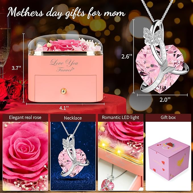 Preserved Pink Real Rose with Necklace Jewelry Box -Eternal Flowers Rose Gifts for Grandma Wife Girlfriend on Valentines Mothers Day Christmas Birthday Anniversary Romantic Gifts for Her