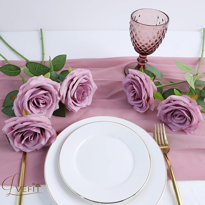 12pcs Artificial Rose Flower Mauve Rose Flower with Long Stem Silk Roses Bouquet for Wedding Bridal Shower Party Home Decoration