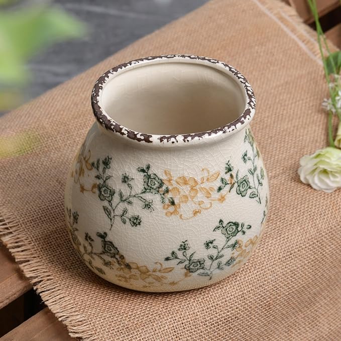 Vintage Flower Vase, Chinoiserie Floral Ceramic Vase for Home Decor, Green and White Decorative Vases for Centerpiece Table Decorations, Vases for Living Room Kitchen Entryway Mantle Shelf Decor Vase