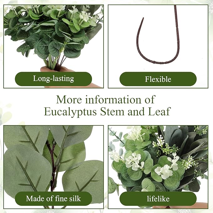 100pcs 4 Kinds Mixed Faux Eucalyptus Stems, Bulk Silver Dollar Artificial Eucalyptus Stems Green Faux Greenery Stems for Wedding Vase Bouquets Floral Arrangements