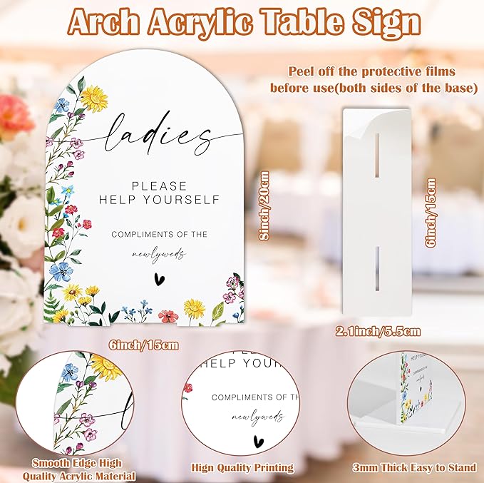 Acrylic Wedding Signs Ladies Please Help Yourself Sign, Wedding Bathroom Basket Supplies, 6x8" Floral Themed Arch Acrylic Table Decor, Love Is In Bloom Decorations for Bridal Shower Baby Shower