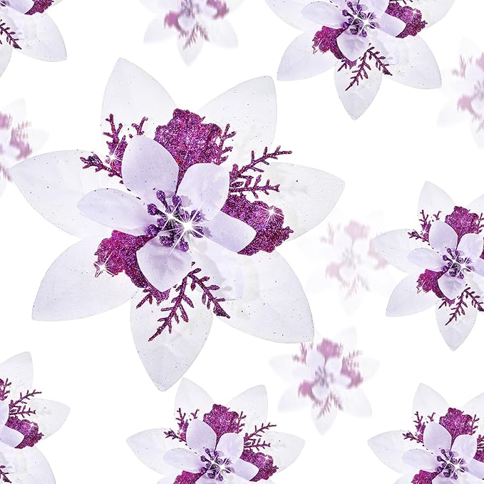 Geosar 24 Christmas Glitter Artificial Poinsettia Flowers Xmas Poinsettia Artificial Wedding Flowers Decorations Xmas Tree Ornaments with Clips for Party Favors, 6 Inch, 4 Inch, 3 Inch (White Purple)
