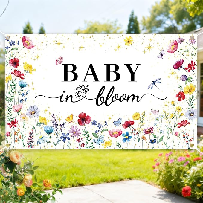 GodMax Baby in Bloom Backdrop Banner, Wildflower Baby Shower Decorations 3 x 5Ft Backdrop Banner Set